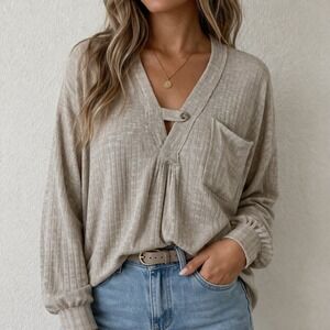 NWT BKE Ribbed Knit V-Neck Top Sz S Beige Long Sleeve Button Tab Oversized Boho